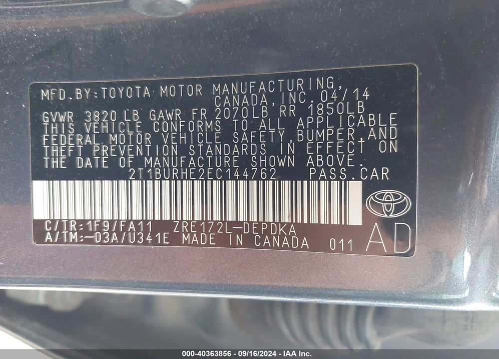 2014 TOYOTA COROLLA L VIN: 2T1BURHE2EC144762