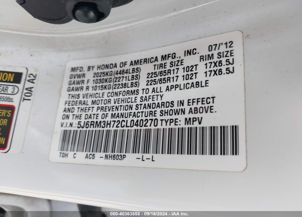 2012 HONDA CR-V EX-L VIN: 5J6RM3H72CL040270
