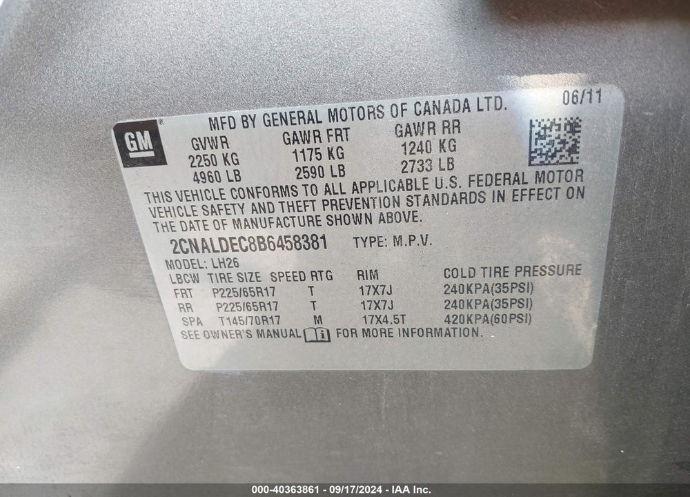 2011 CHEVROLET EQUINOX 1LT VIN: 2CNALDEC8B6458381