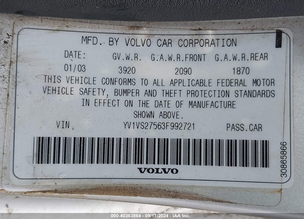 2003 VOLVO S40 A VIN: YV1VS27563F992721