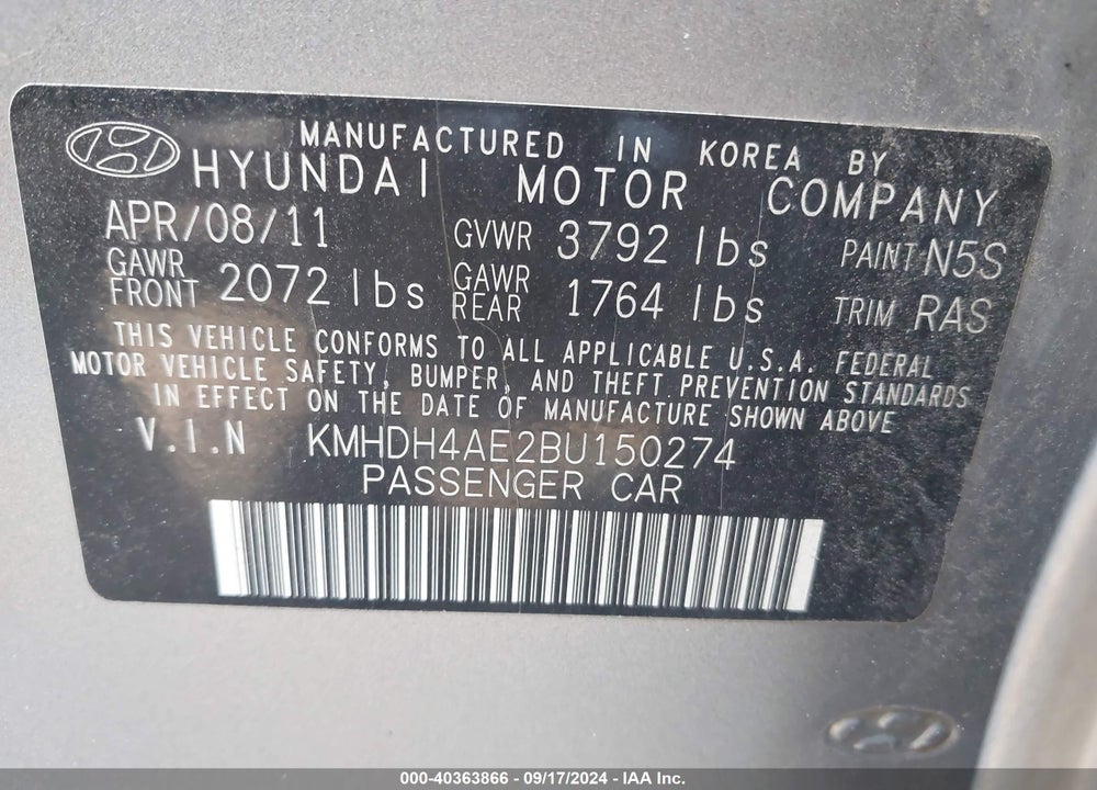 2011 HYUNDAI ELANTRA LIMITED (ULSAN PLANT) VIN: KMHDH4AE2BU150274