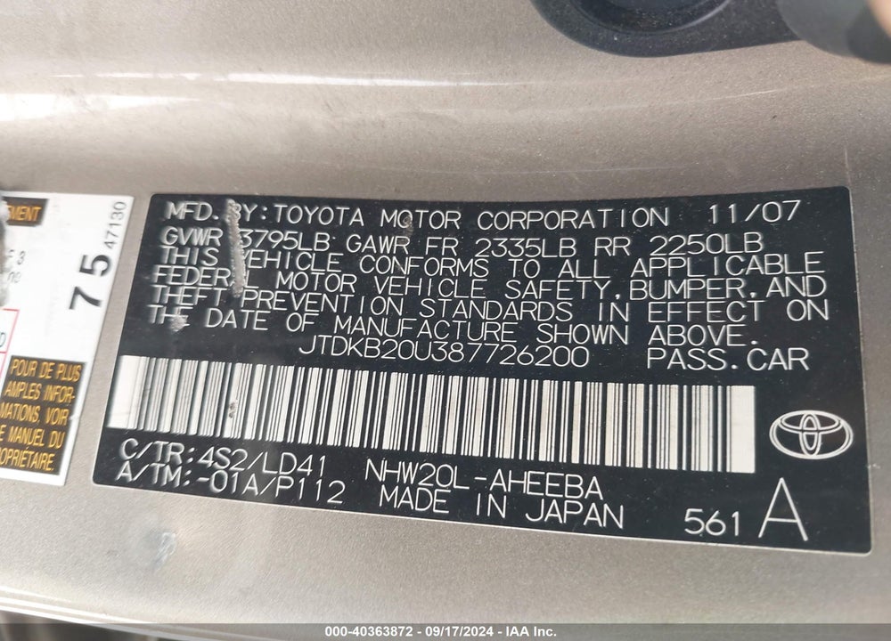 2008 TOYOTA PRIUS VIN: JTDKB20U387726200