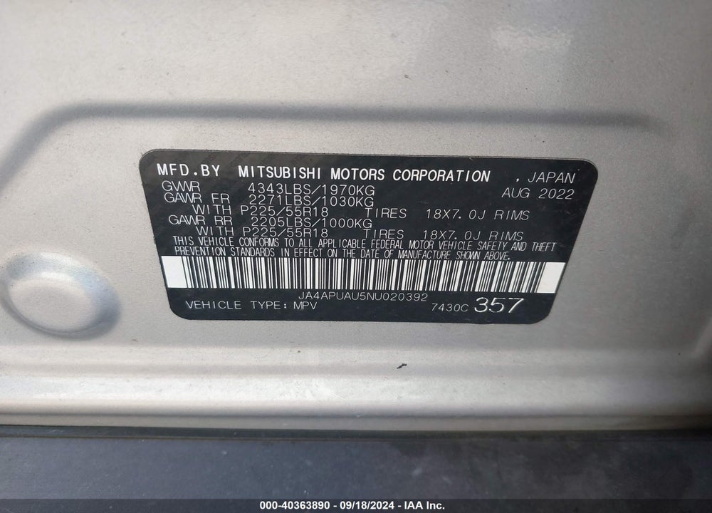 2022 MITSUBISHI OUTLANDER SPORT 2.0 BE 2WD/2.0 ES 2WD/2.0 LE 2WD/2.0 S 2WD VIN: JA4APUAU5NU020392