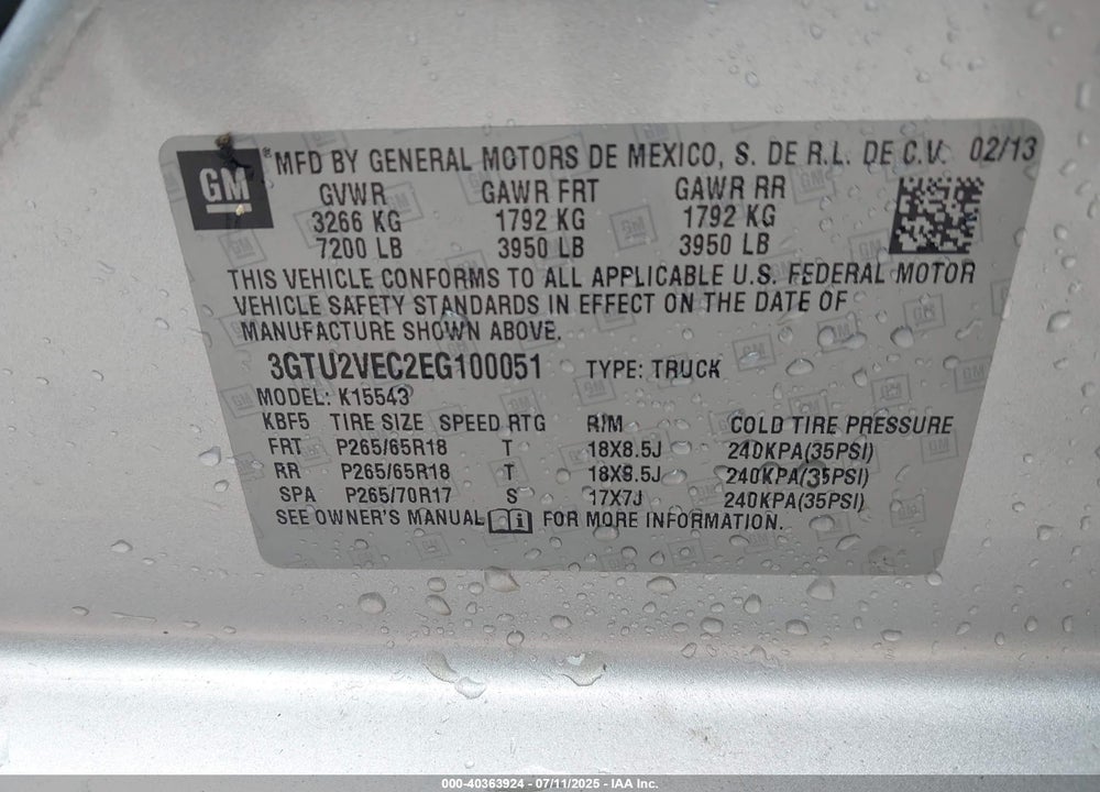 2014 GMC SIERRA 1500 VIN: 3GTU2VEC2EG100051