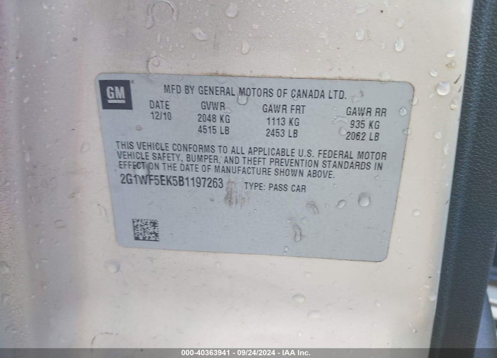 2011 CHEVROLET IMPALA LS VIN: 2G1WF5EK5B1197263