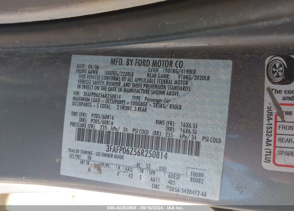 2006 FORD FUSION S VIN: 3FAFP06Z56R250814