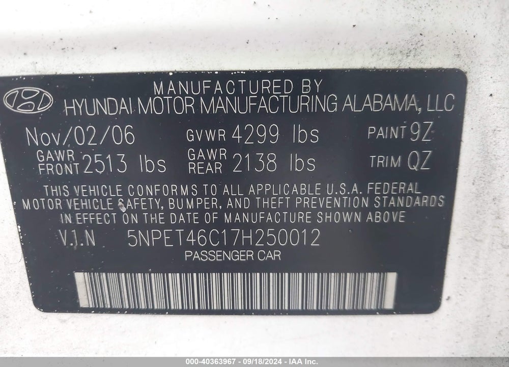 2007 HYUNDAI SONATA GLS VIN: 5NPET46C17H250012