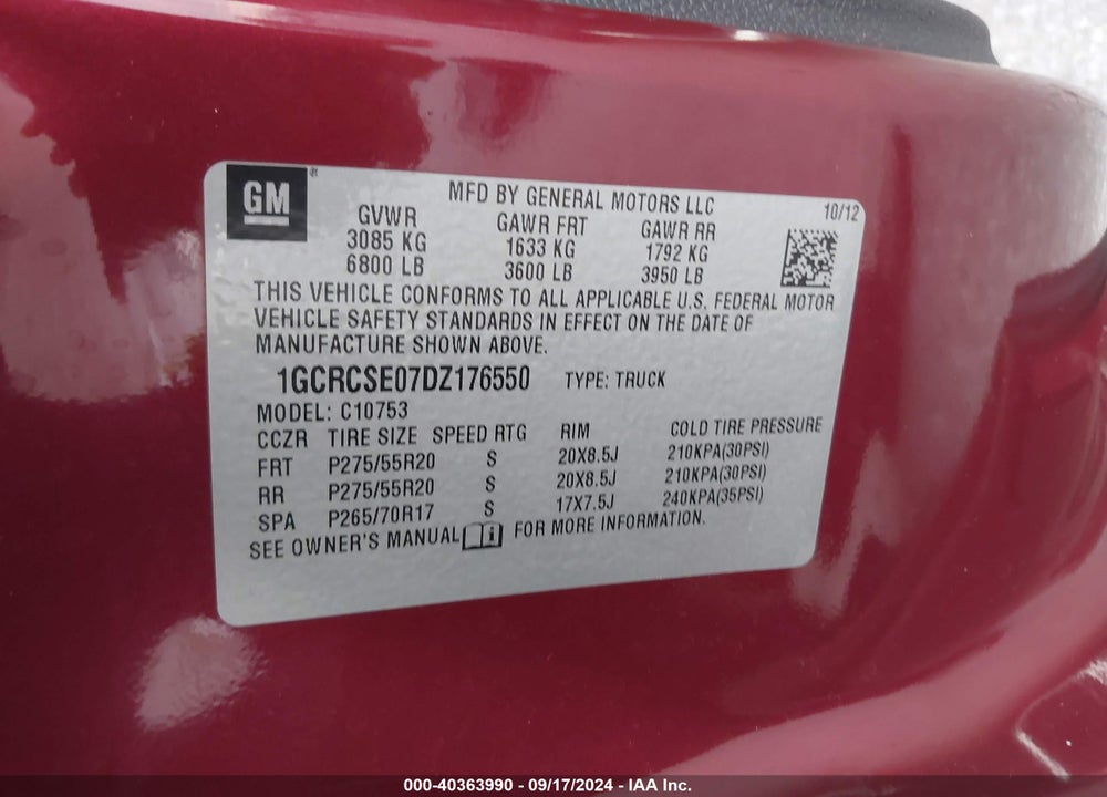 2013 CHEVROLET SILVERADO 1500 LT VIN: 1GCRCSE07DZ176550