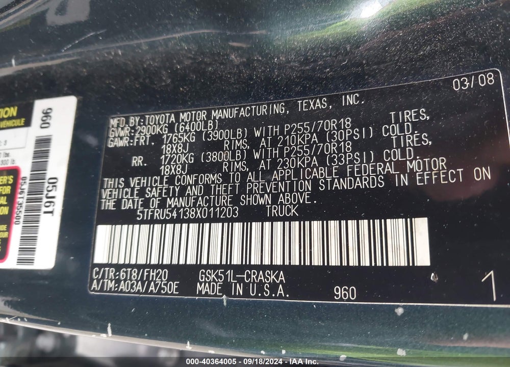 2008 TOYOTA TUNDRA BASE V6 VIN: 5TFRU54138X011203