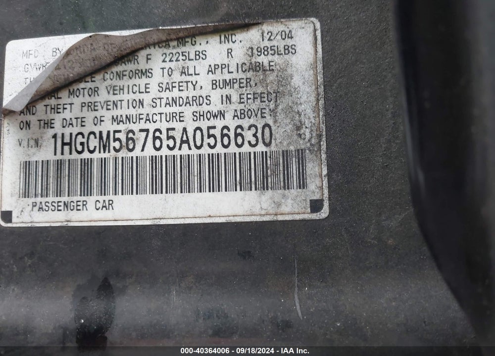 2005 HONDA ACCORD 2.4 EX VIN: 1HGCM56765A056630