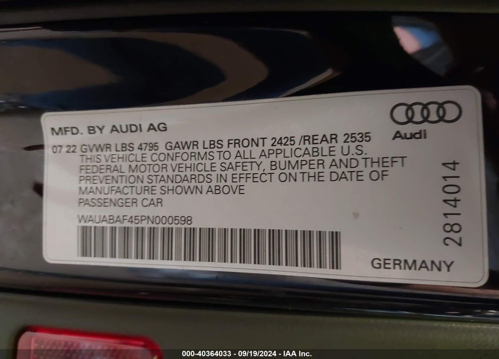 2023 AUDI A4 PREMIUM 40 TFSI QUATTRO S TRONIC VIN: WAUABAF45PN000598