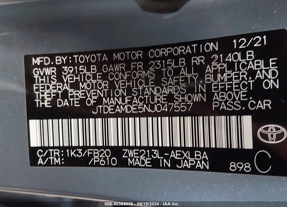 2022 TOYOTA COROLLA HYBRID LE VIN: JTDEAMDE5NJ047557