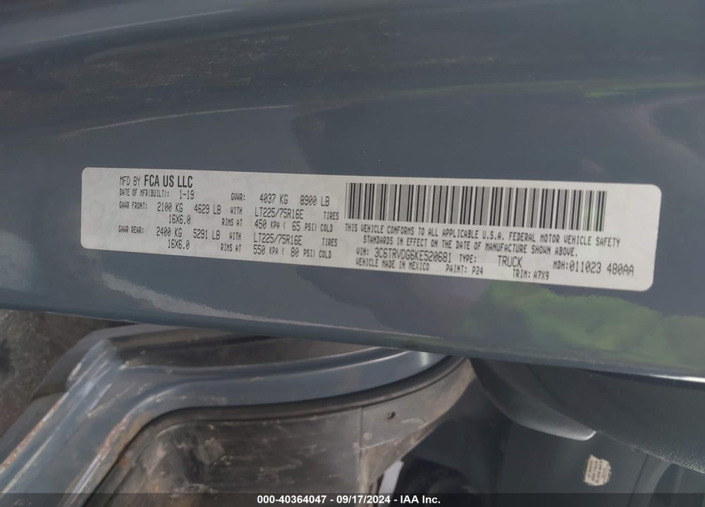 2019 RAM PROMASTER 2500 HIGH ROOF 159 WB VIN: 3C6TRVDG6KE520681