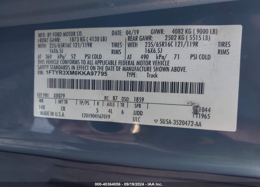 2019 FORD TRANSIT-250 VIN: 1FTYR3XM6KKA97795