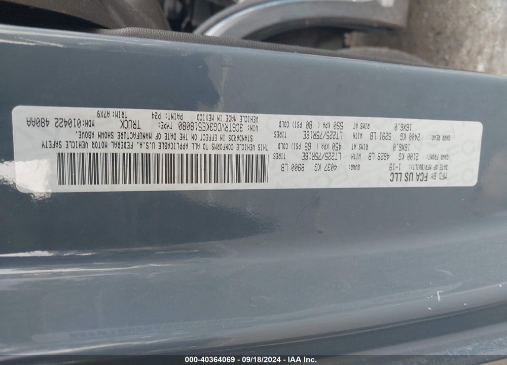 2019 RAM PROMASTER 2500 HIGH ROOF 159 WB VIN: 3C6TRVDG3KE518080