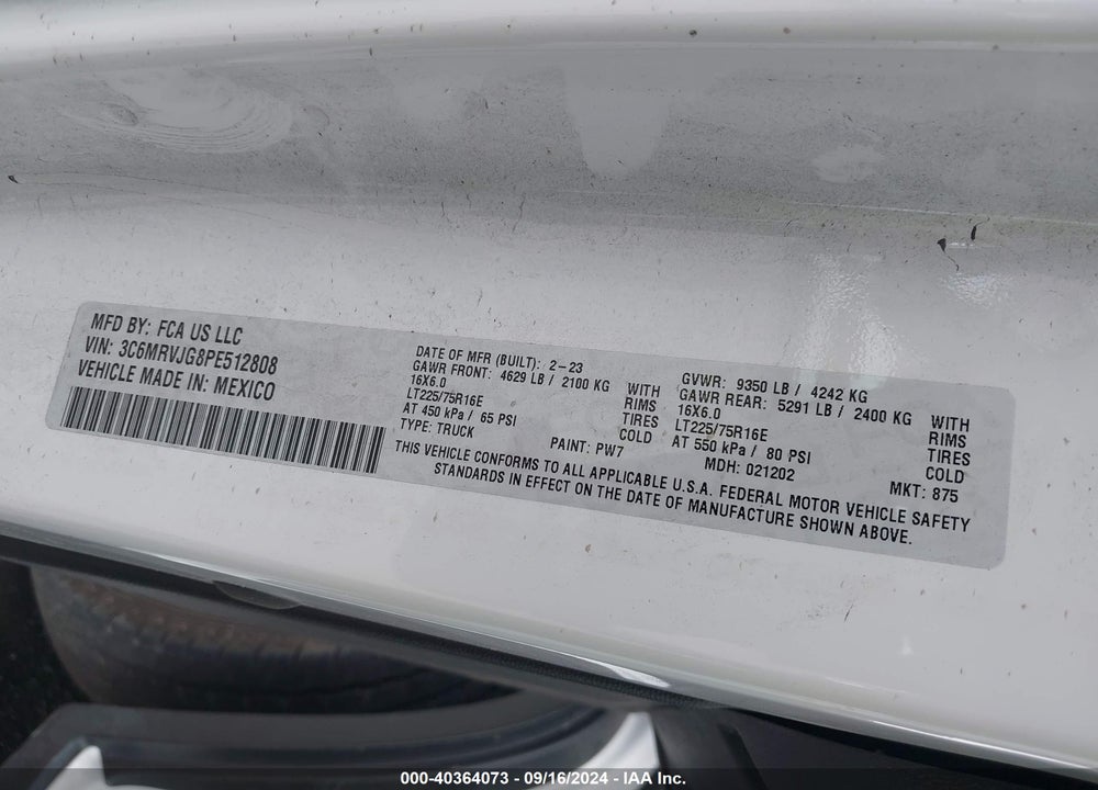 2023 RAM PROMASTER 3500 CARGO VAN HIGH ROOF 159 WB EXT VIN: 3C6MRVJG8PE512808
