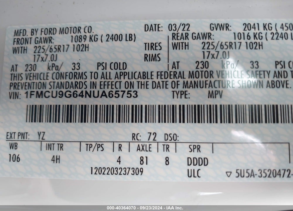 2022 FORD ESCAPE SE VIN: 1FMCU9G64NUA65753