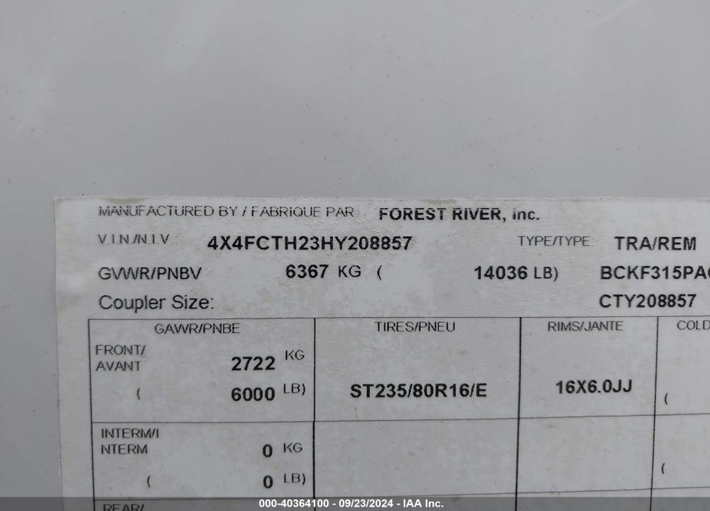 2017 FOREST RIVER WOLFP VIN: 4X4FCTH23HY208857