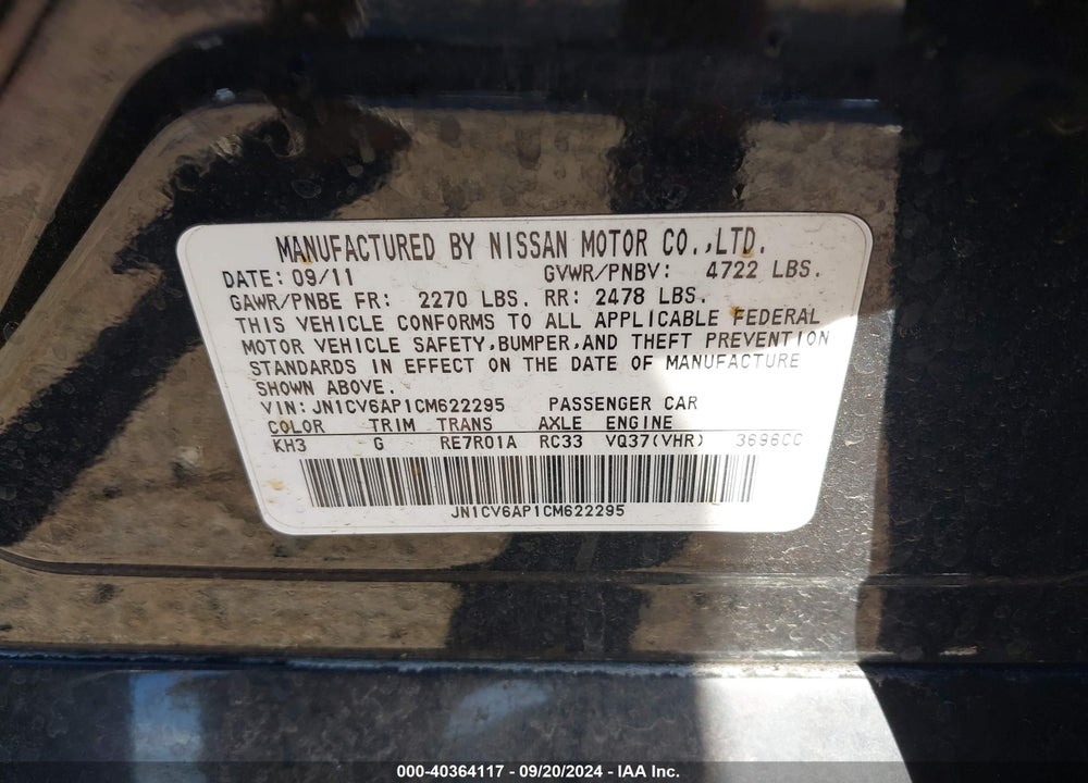 2012 INFINITI G37 LIMITED EDITION VIN: JN1CV6AP1CM622295