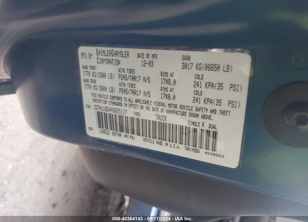 2004 DODGE RAM 1500 SLT/LARAMIE VIN: 1D7HU18D44S625117