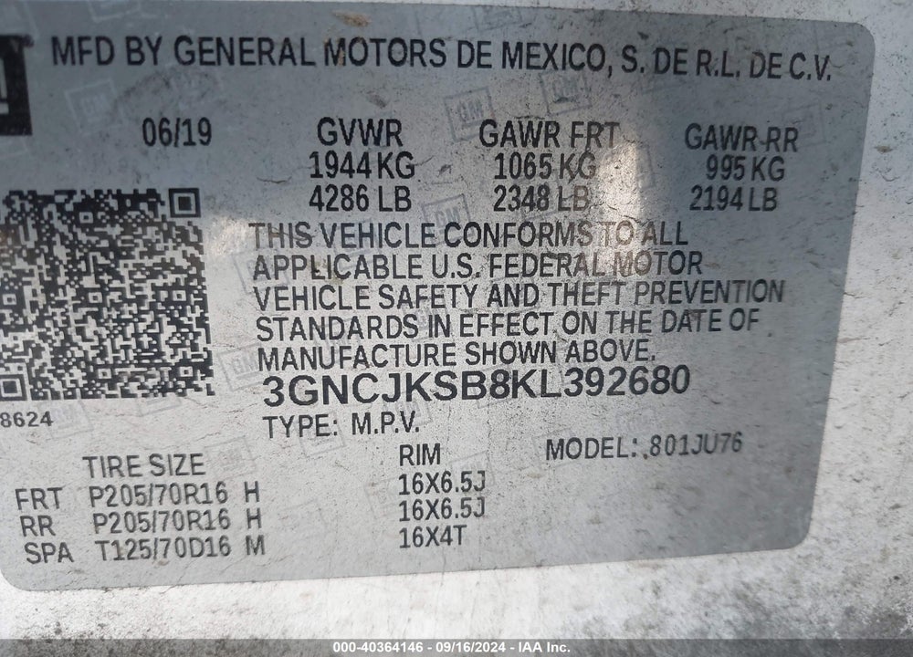 2019 CHEVROLET TRAX LS VIN: 3GNCJKSB8KL392680