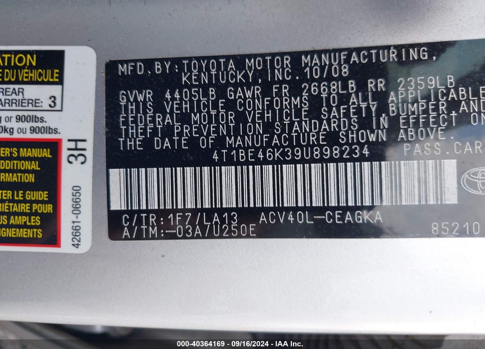 2009 TOYOTA CAMRY XLE VIN: 4T1BE46K39U898234