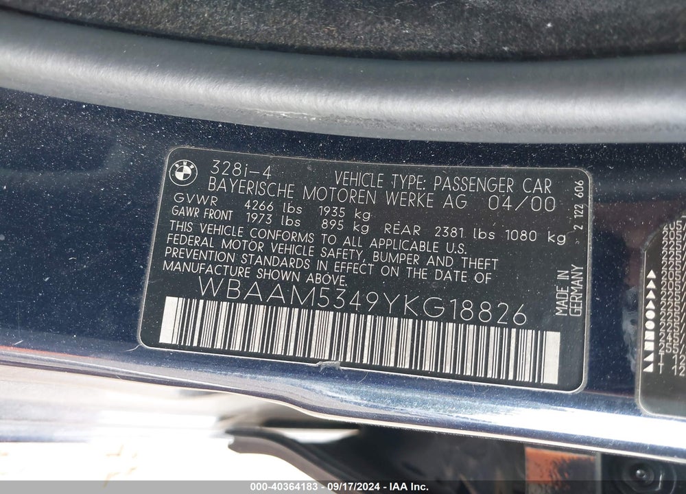 2000 BMW 328I VIN: WBAAM5349YKG18826