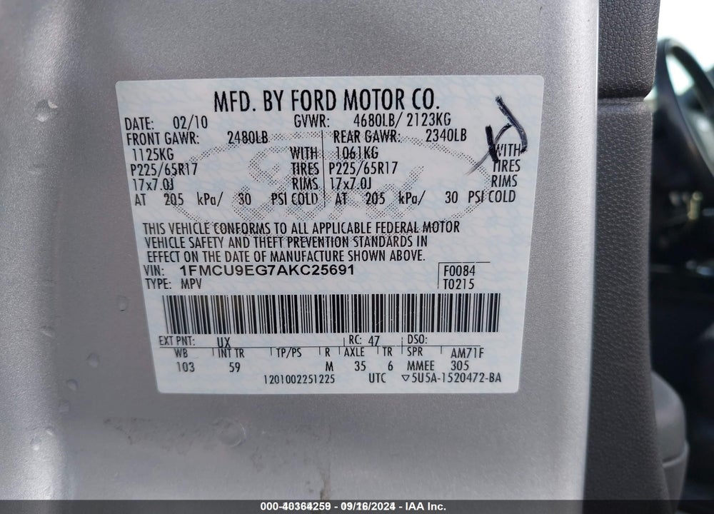 2010 FORD ESCAPE VIN: 1FMCU9EG7AKC25691