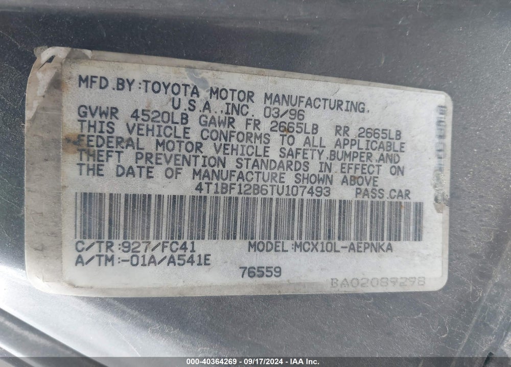 1996 TOYOTA AVALON XL/XLS VIN: 4T1BF12B6TU107493