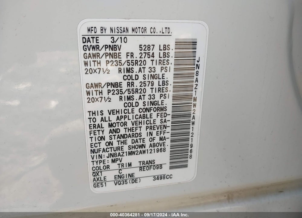 2010 NISSAN MURANO LE VIN: JN8AZ1MW2AW121968