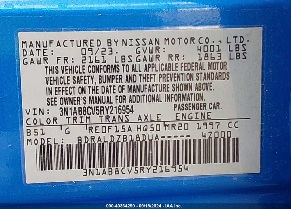 2024 NISSAN SENTRA SV XTRONIC CVT VIN: 3N1AB8CV5RY216954