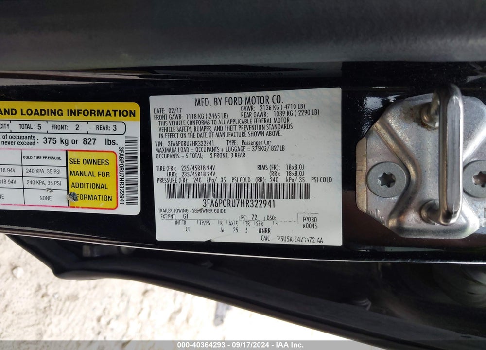 2017 FORD FUSION HYBRID TITANIUM VIN: 3FA6P0RU7HR322941