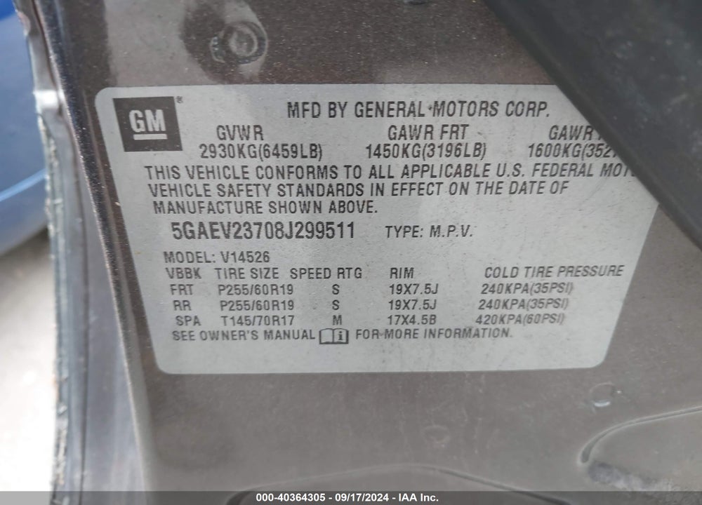 2008 BUICK ENCLAVE CXL VIN: 5GAEV23708J299511