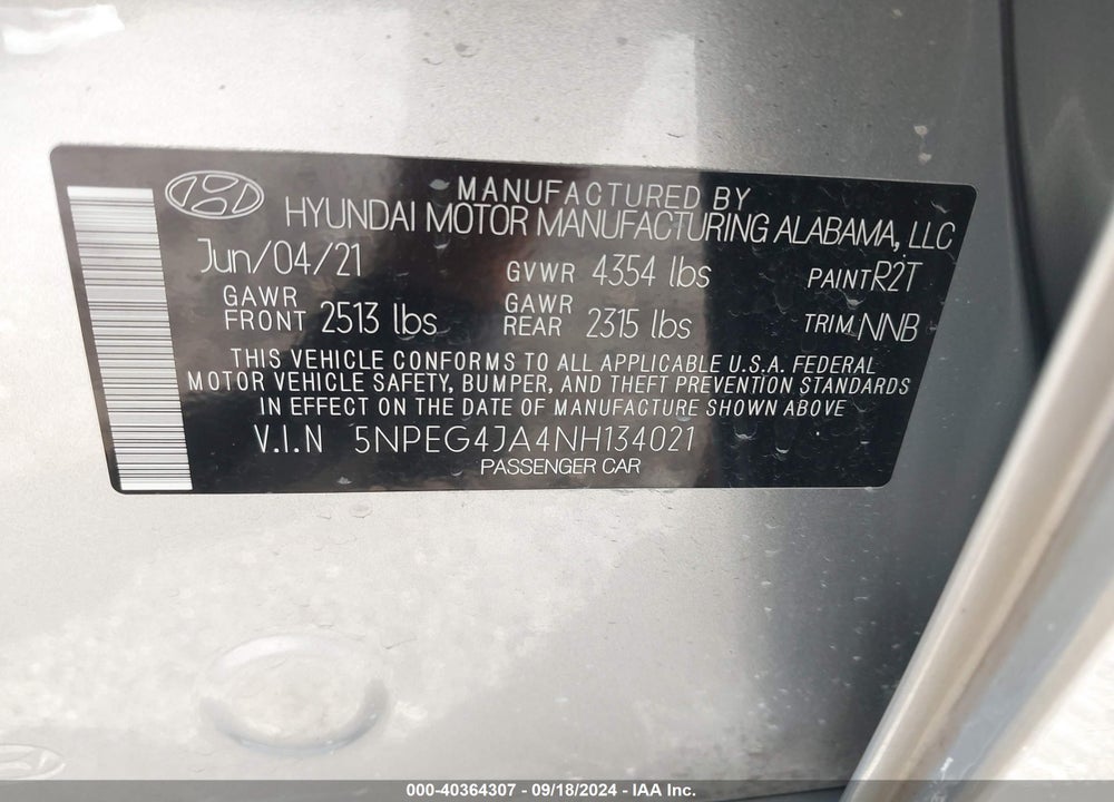 2022 HYUNDAI SONATA SE VIN: 5NPEG4JA4NH134021