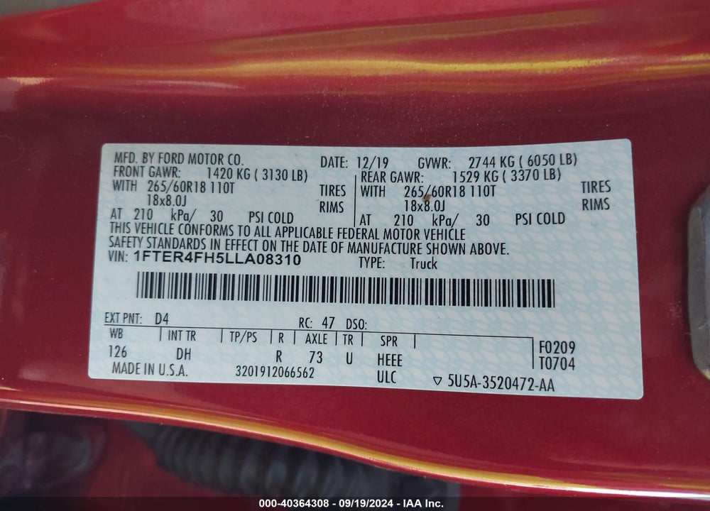 2020 FORD RANGER LARIAT VIN: 1FTER4FH5LLA08310