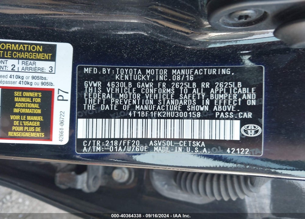 2017 TOYOTA CAMRY SE VIN: 4T1BF1FK2HU300158