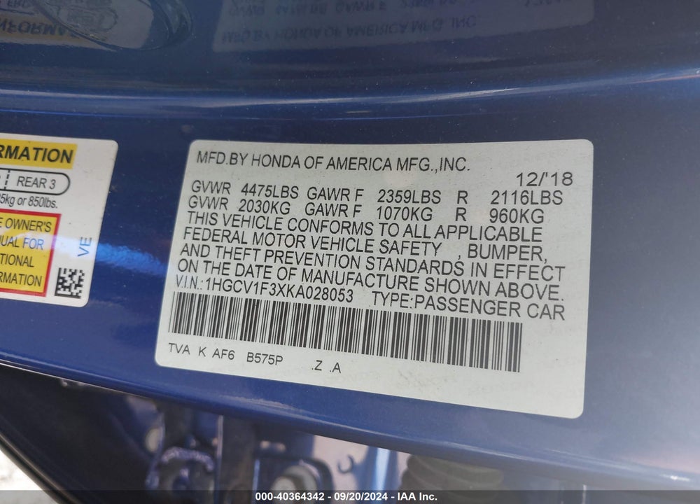 2019 HONDA ACCORD SPORT VIN: 1HGCV1F3XKA028053