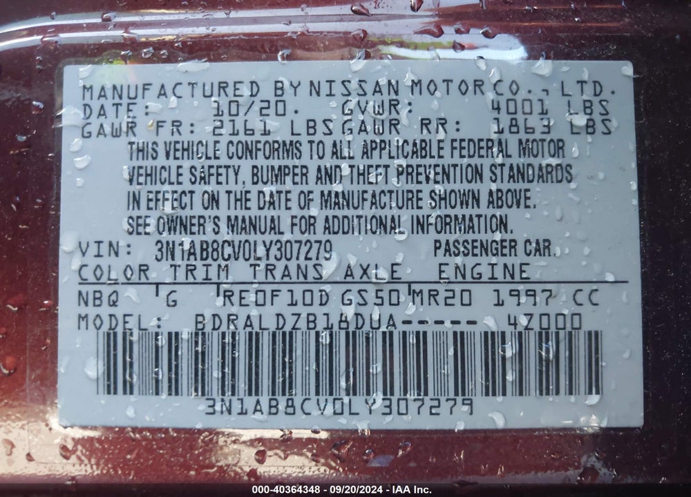 2020 NISSAN SENTRA SV XTRONIC CVT VIN: 3N1AB8CV0LY307279