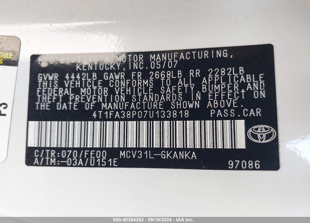 2007 TOYOTA CAMRY SOLARA SE VIN: 4T1FA38P07U133818