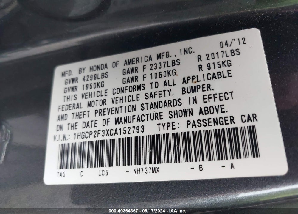 2012 HONDA ACCORD 2.4 LX VIN: 1HGCP2F3XCA152793