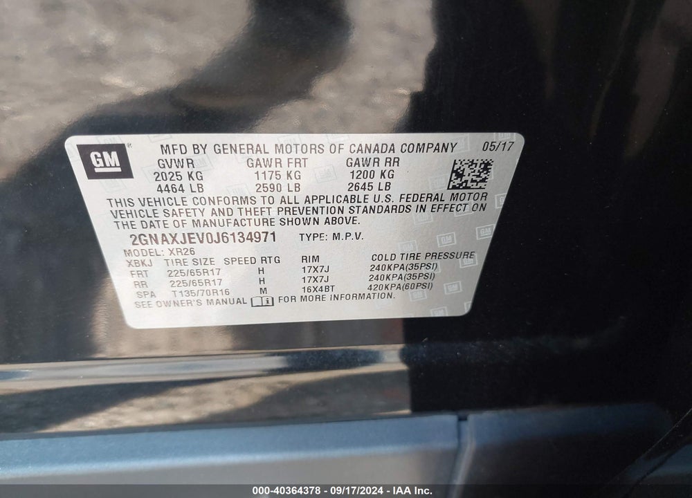 2018 CHEVROLET EQUINOX LT VIN: 2GNAXJEV0J6134971