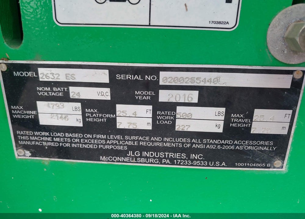 2016 JLG 2632ES VIN: 0200255440