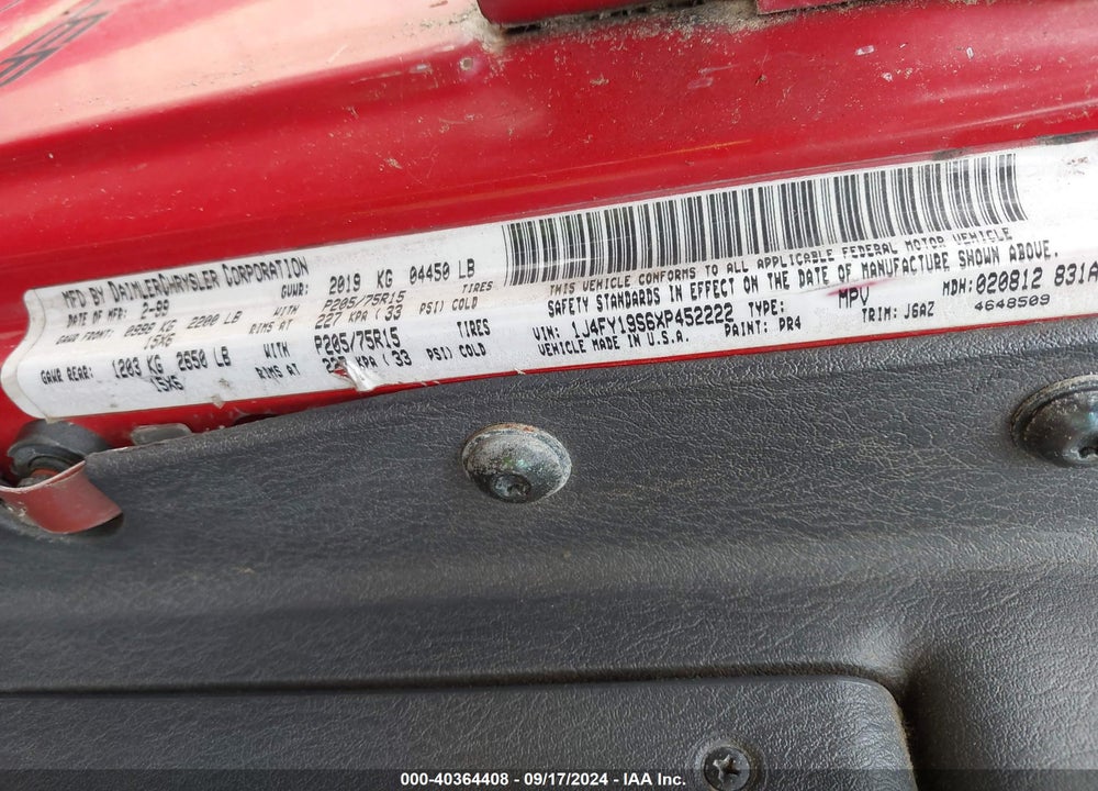 1999 JEEP WRANGLER SPORT VIN: 1J4FY19S6XP452222