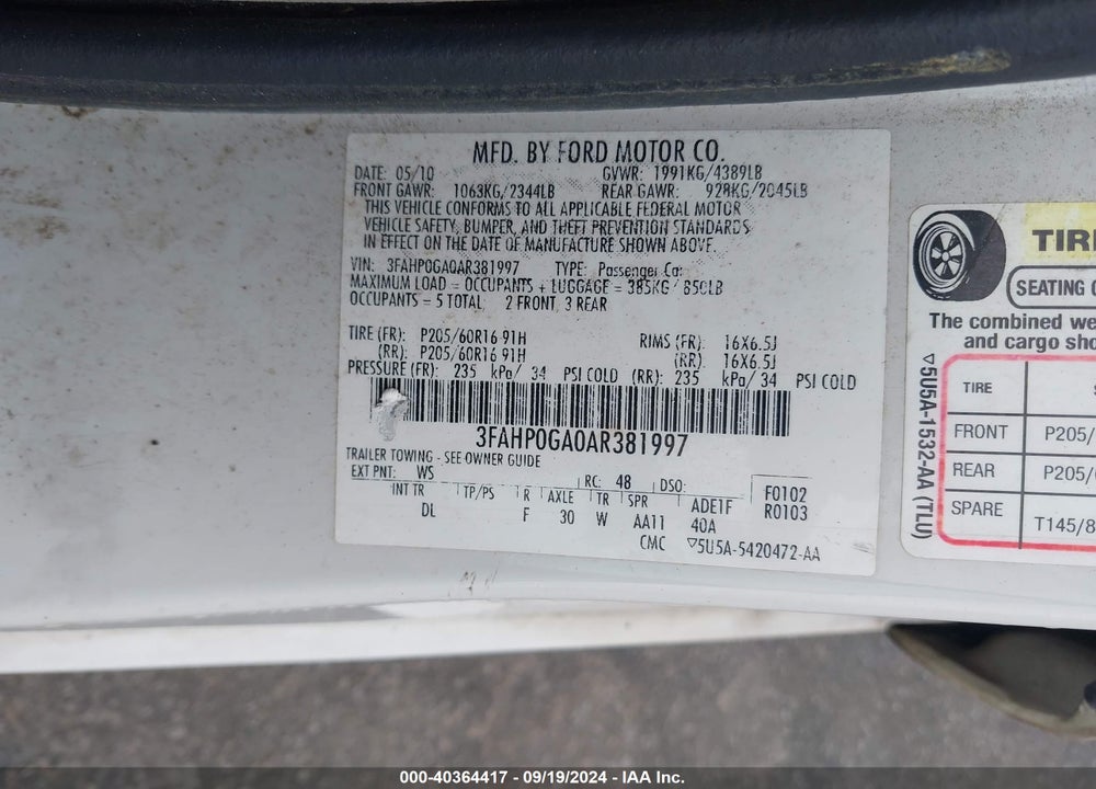 2010 FORD FUSION S VIN: 3FAHP0GA0AR381997