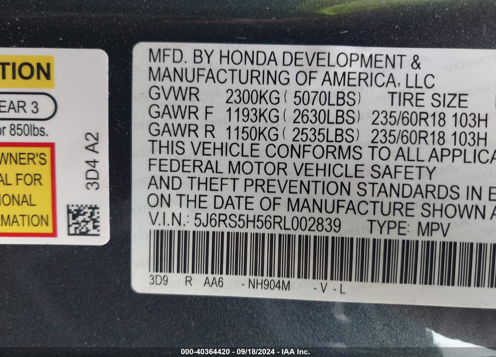 2024 HONDA CR-V HYBRID SPORT VIN: 5J6RS5H56RL002839