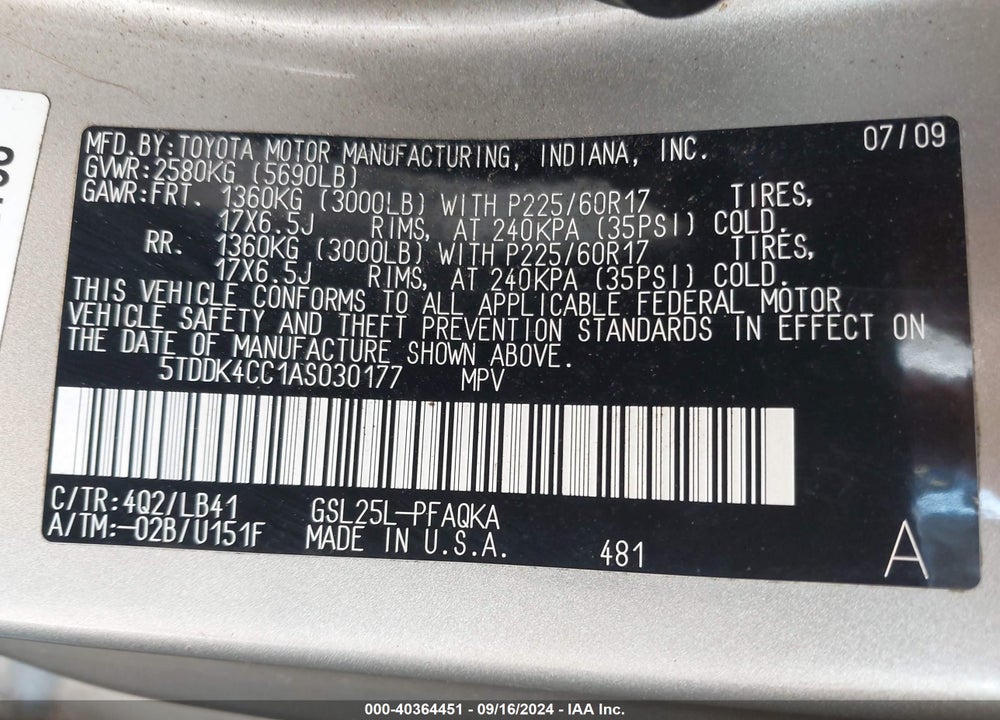 2010 TOYOTA SIENNA LIMITED VIN: 5TDDK4CC1AS030177