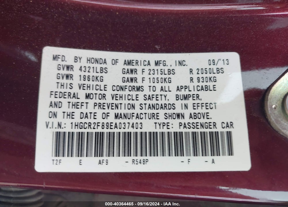 2014 HONDA ACCORD EX-L VIN: 1HGCR2F89EA037403