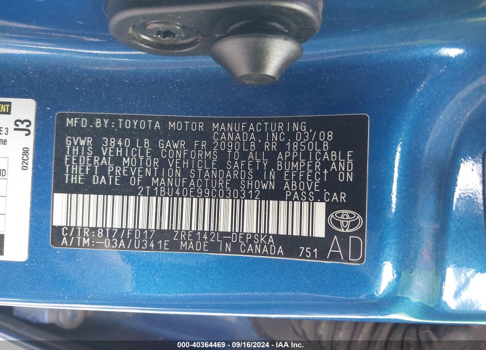 2009 TOYOTA COROLLA S VIN: 2T1BU40E99C030312