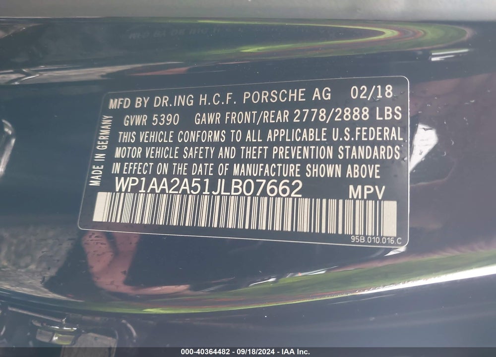 2018 PORSCHE MACAN VIN: WP1AA2A51JLB07662