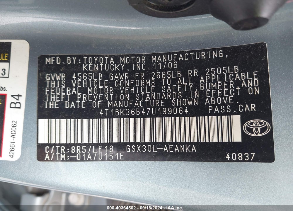 2007 TOYOTA AVALON TOURING VIN: 4T1BK36B47U199064